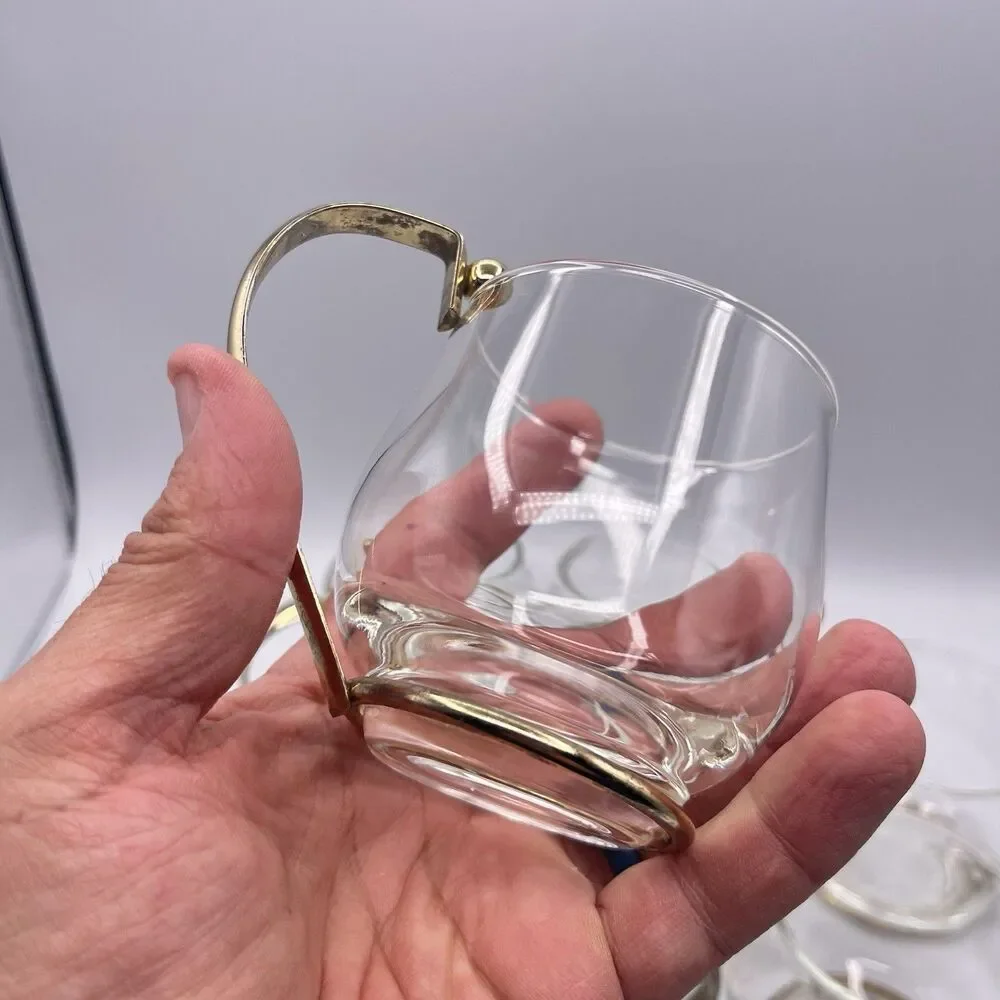 11 Vintage Brass Handled Glass Mugs Mid Century Modern Bar Ware